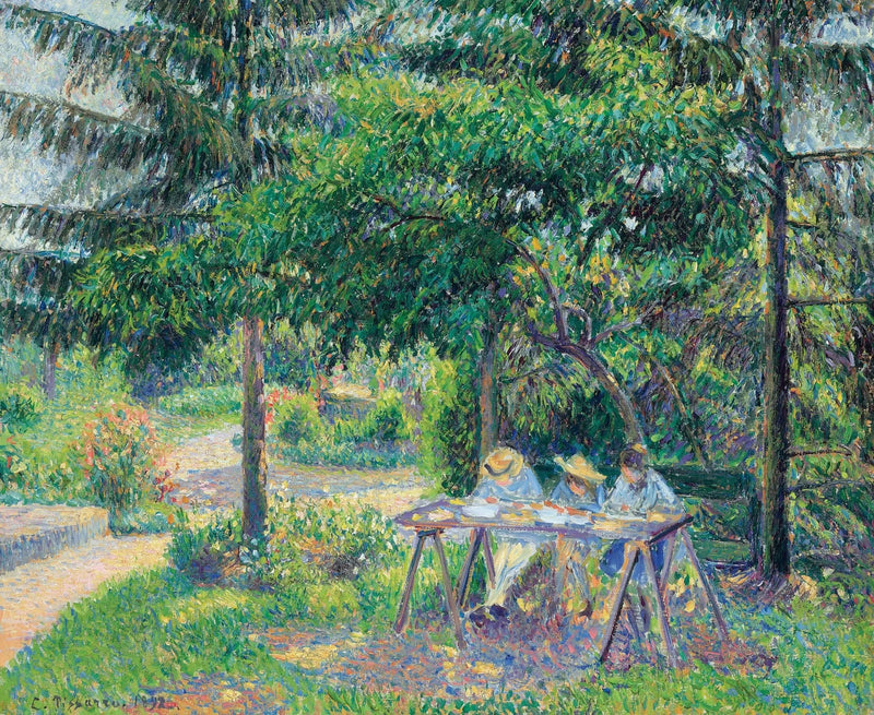 Barn som sitter ved et bord i hagen, Éragny - Camille Pissarro