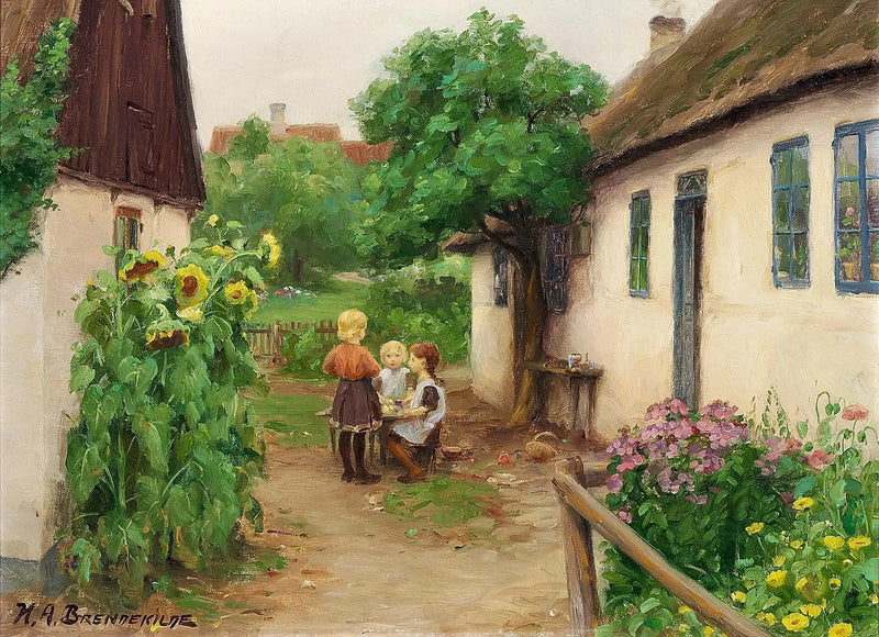 Barn som leker nær en gård, til venstre for blomstrende solsikker. - H. A. Brendekilde

Source:
Enfants jouant près d'une ferme, à gauche des tournesols en fleurs. - H. A. Brendekilde