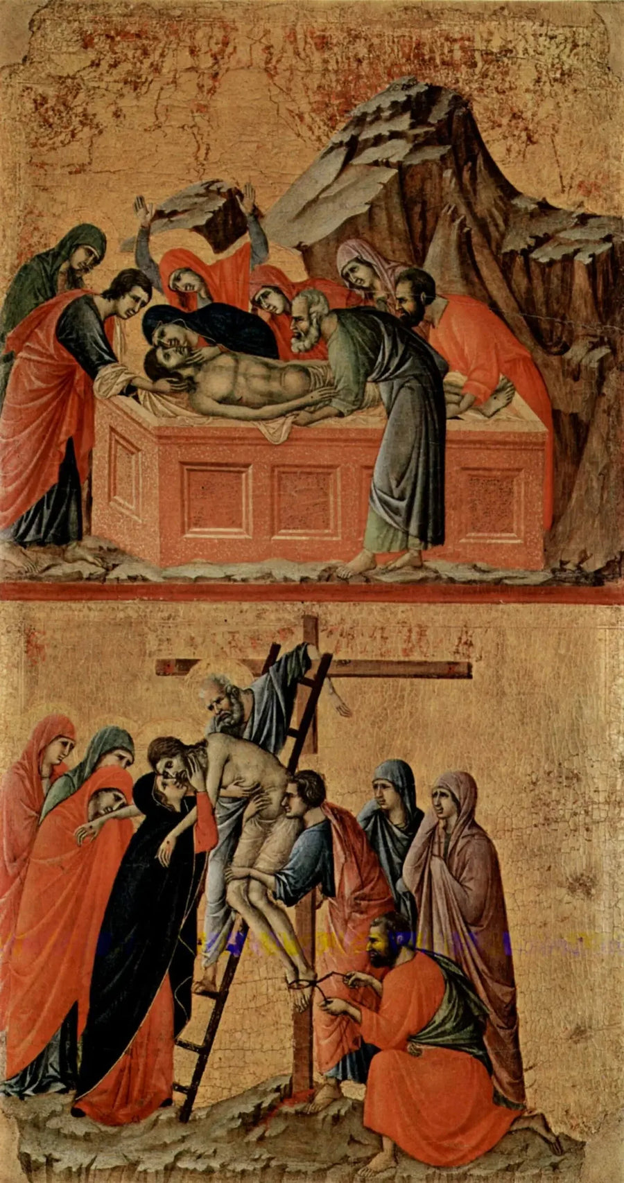 Korsfestelsen av Kristus (øverst); Nedtagelsen fra korset (nederst) - Duccio di Buoninsegna
