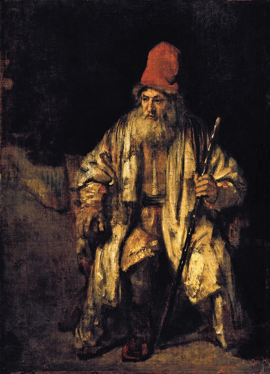 Portrett av en gammel mann som sitter med en rød hatt - Rembrandt