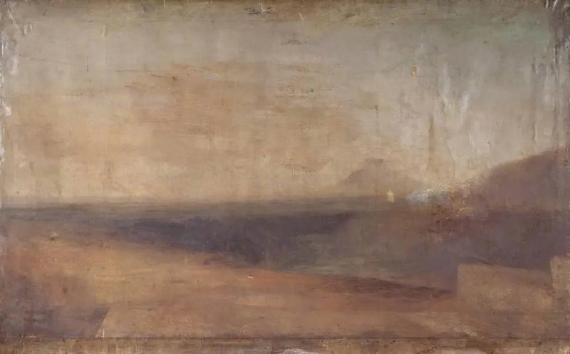 Omfattende landskap med elv eller estuar og en fjern fjell - J. M. W. Turner