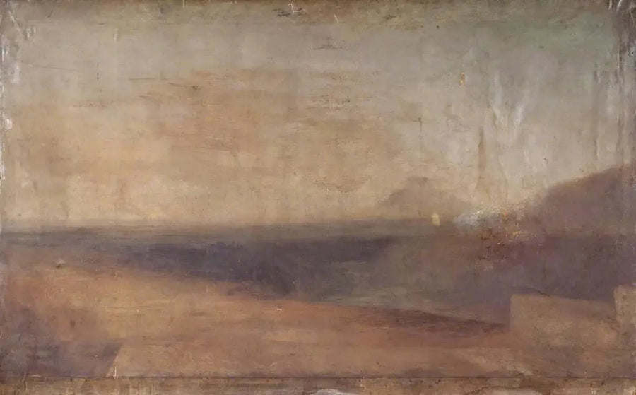 Omfattende landskap med elv eller estuar og en fjern fjell - J. M. W. Turner