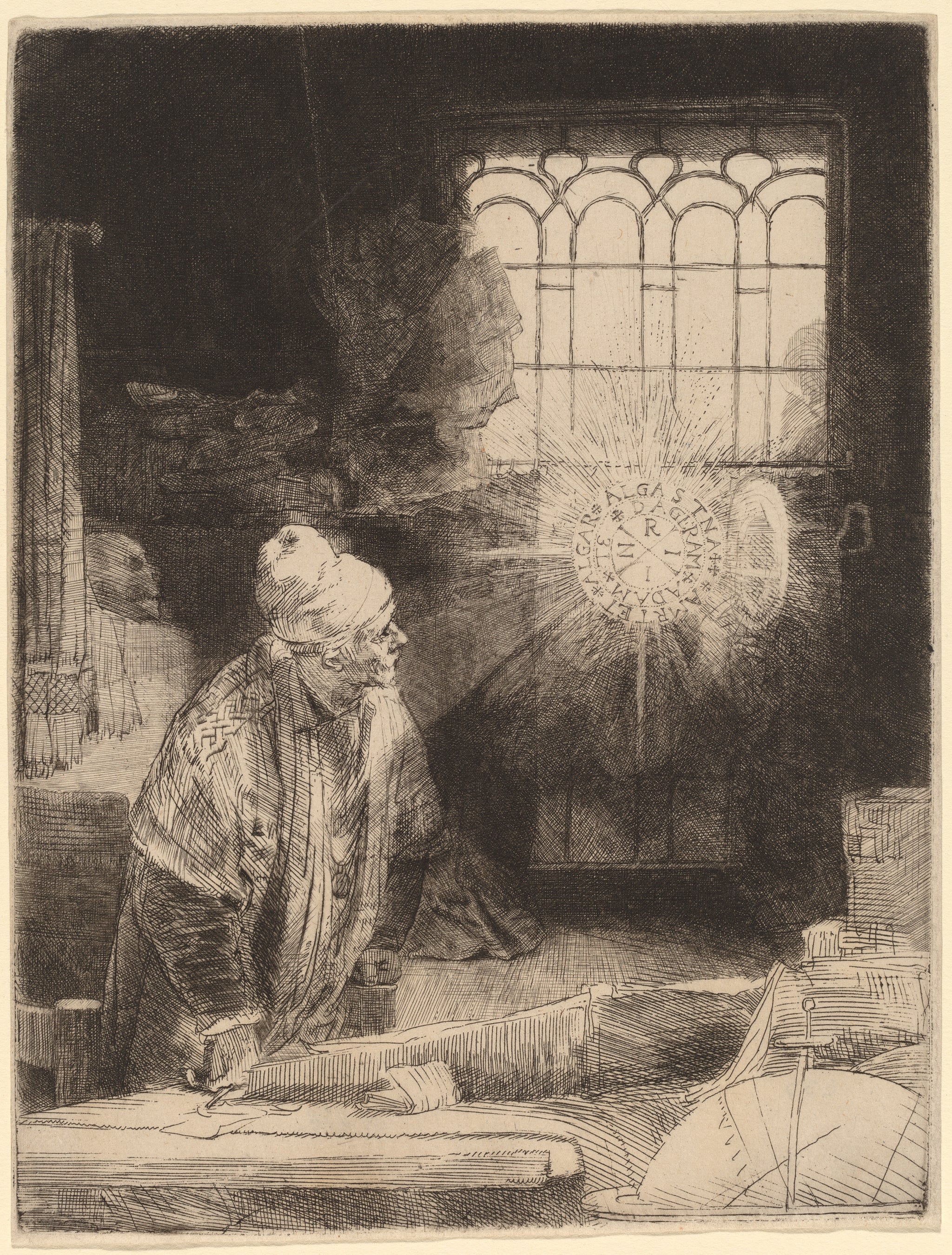 Reproduction de Faust de Rembrandt, savant devant une fenêtre lumineuse