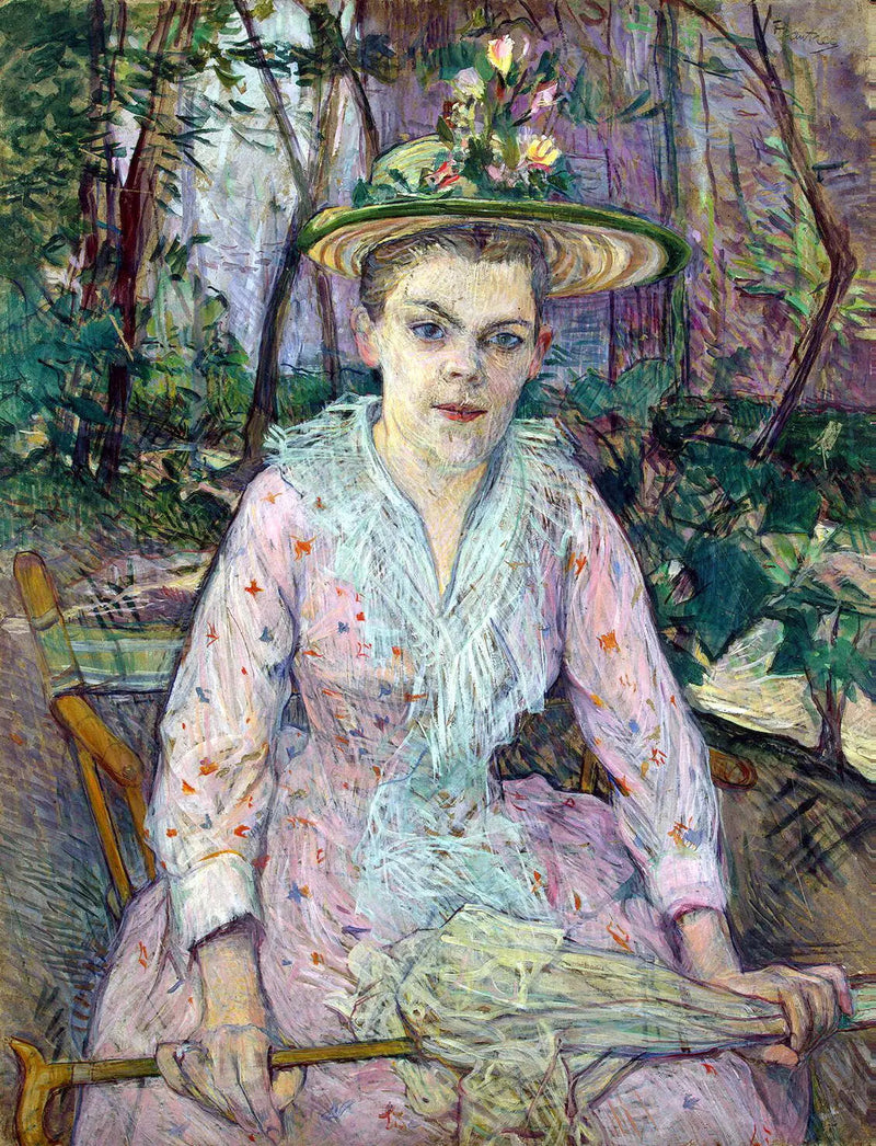 Kvinne med parasoll, kalt Berthe la Sourde, sittende i hagen til M. Forest - Henri de Toulouse-Lautrec