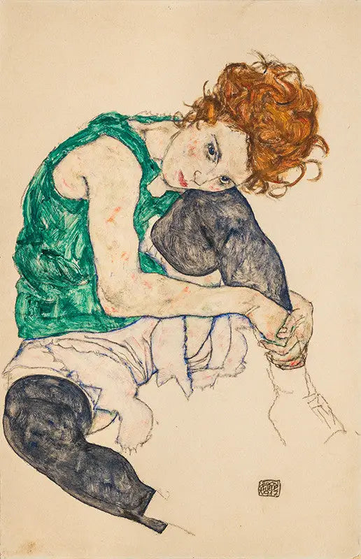 Kvinne som sitter med benet trukket opp - Egon Schiele