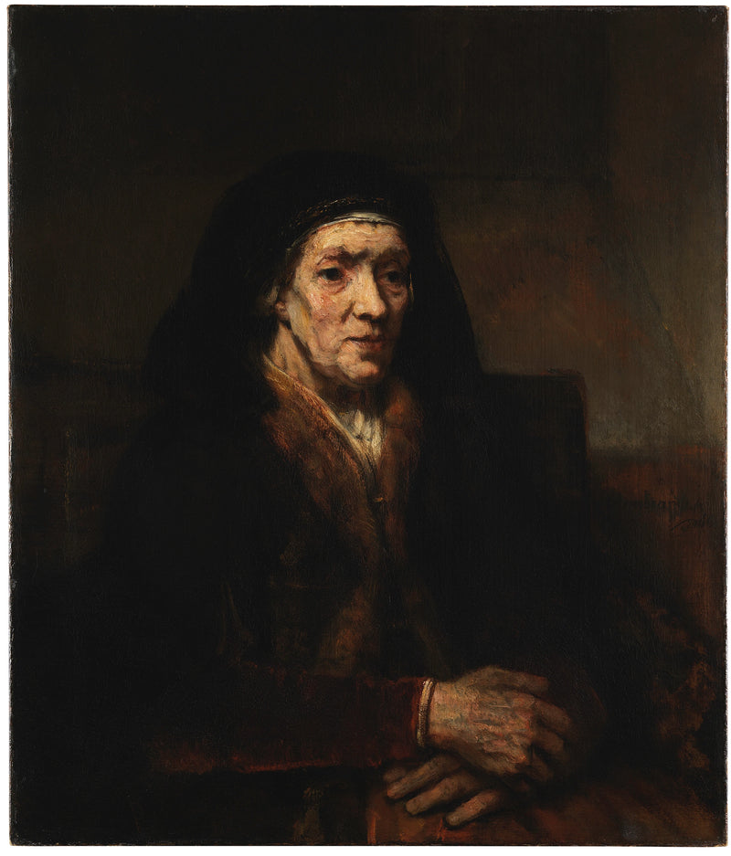 Portrett av en gammel kvinne som sitter med hendene foldet - Rembrandt