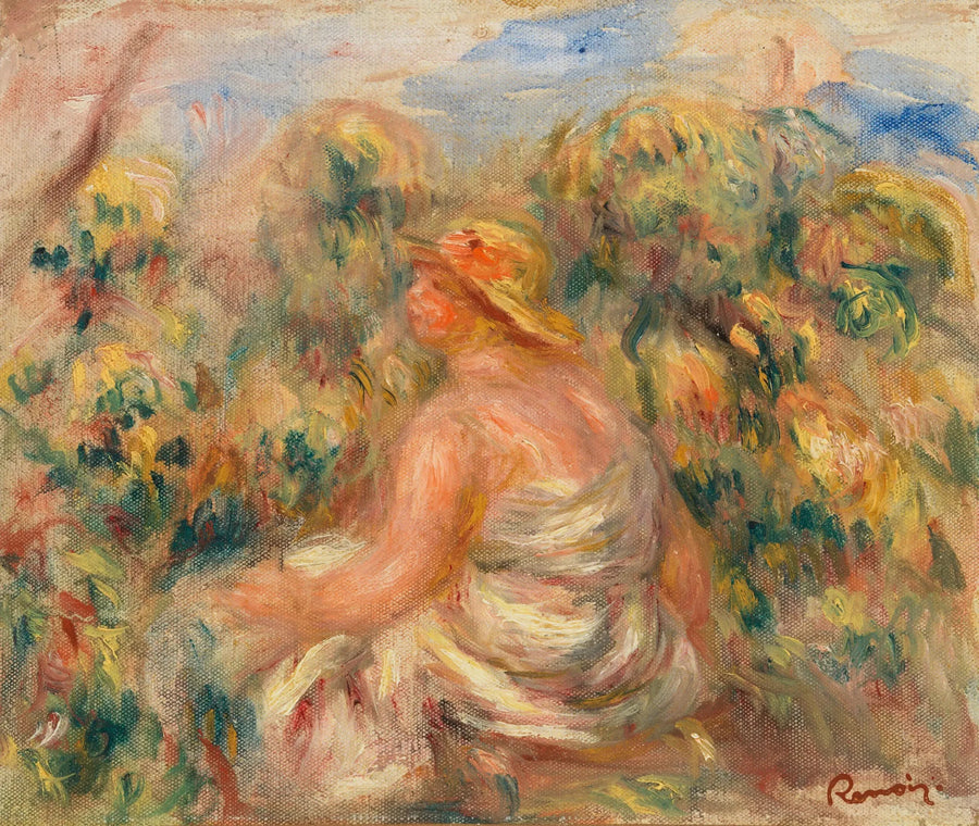 Kvinne med hatt i et landskap - Pierre-Auguste Renoir