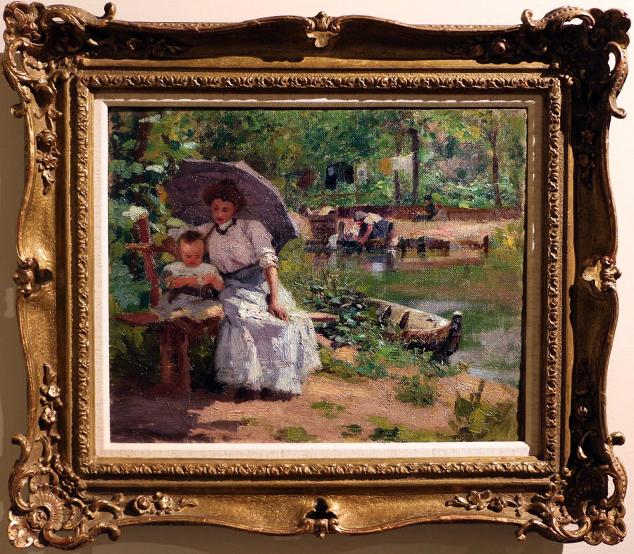 Kvinne med barn sittende i en skog - Federico Zandomeneghi