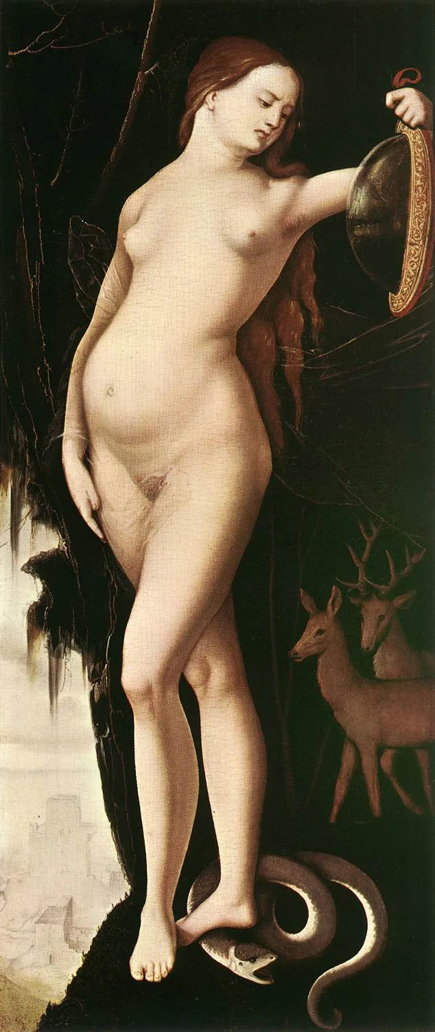 Kvinne med speil, slange, hjort og hund - Hans Baldung Grien