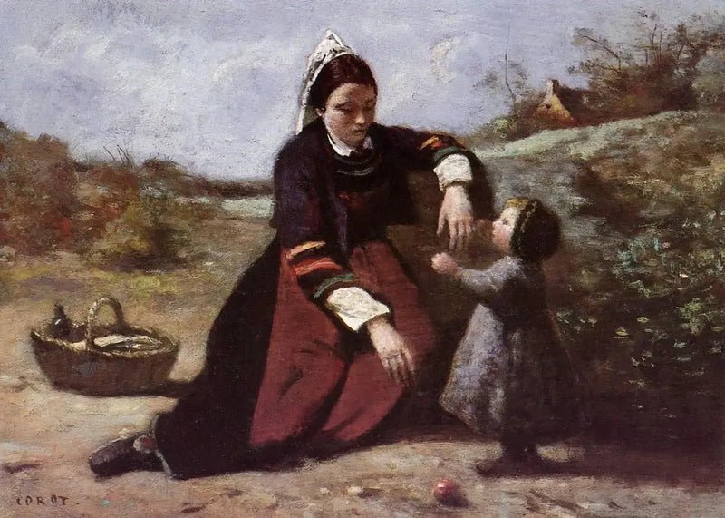 Bretonkvinne og hennes lille datter - Jean-Baptiste Camille Corot