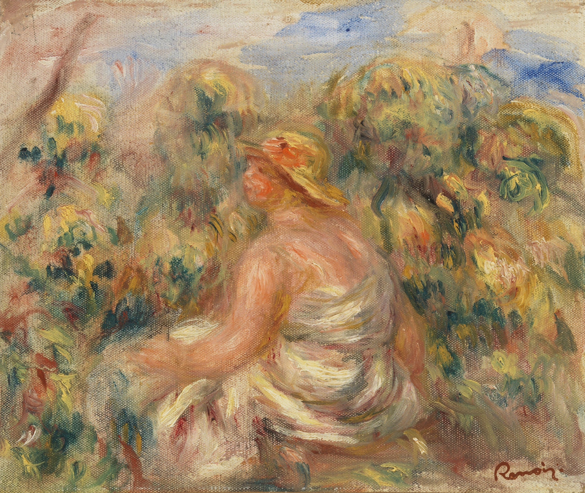 Femme avec chapeau dans un paysage de Renoir, vers 1918, Barnes Foundation BF38 – reproduction peinture à l’huile sur toile