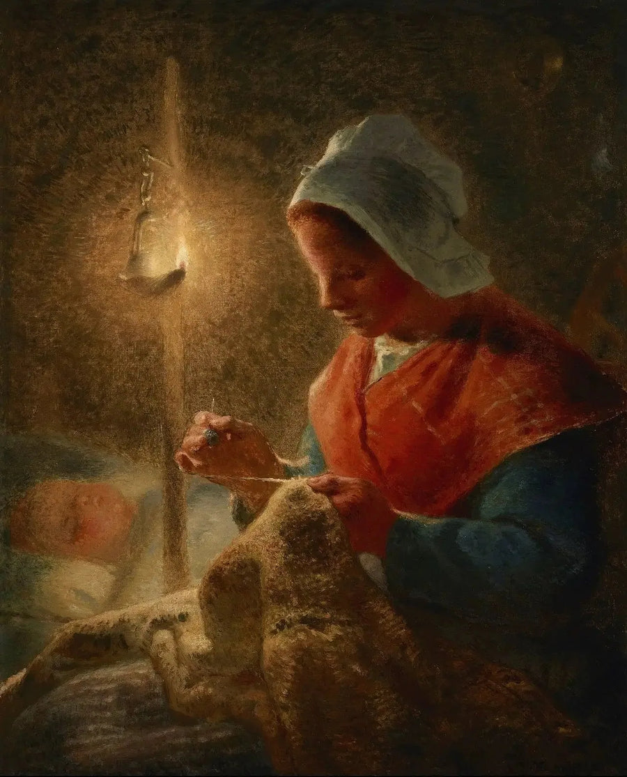 Kvinne syr i lys av lampen - Jean-François Millet