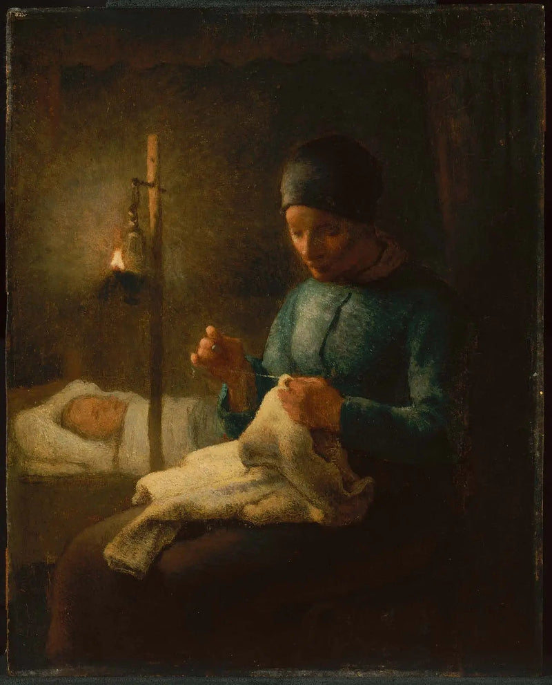 Kvinne som syr ved siden av sitt sovende barn - Jean-François Millet