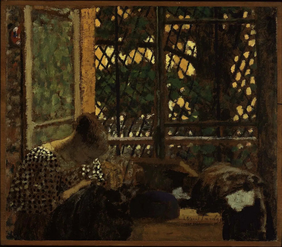 Kvinne som syr foran et hagevindu - Édouard Vuillard