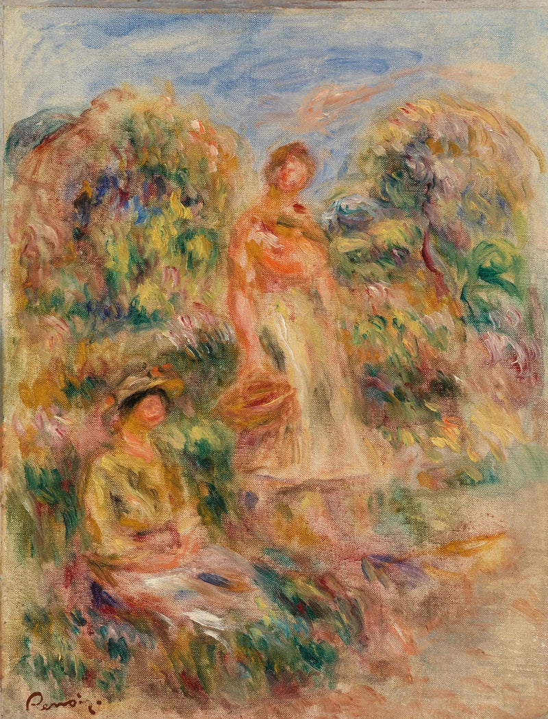 Stående kvinne og sittende kvinne i et landskap - Pierre-Auguste Renoir