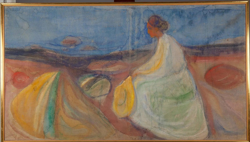 Kvinne i hvitt som sitter på stranden - Edvard Munch