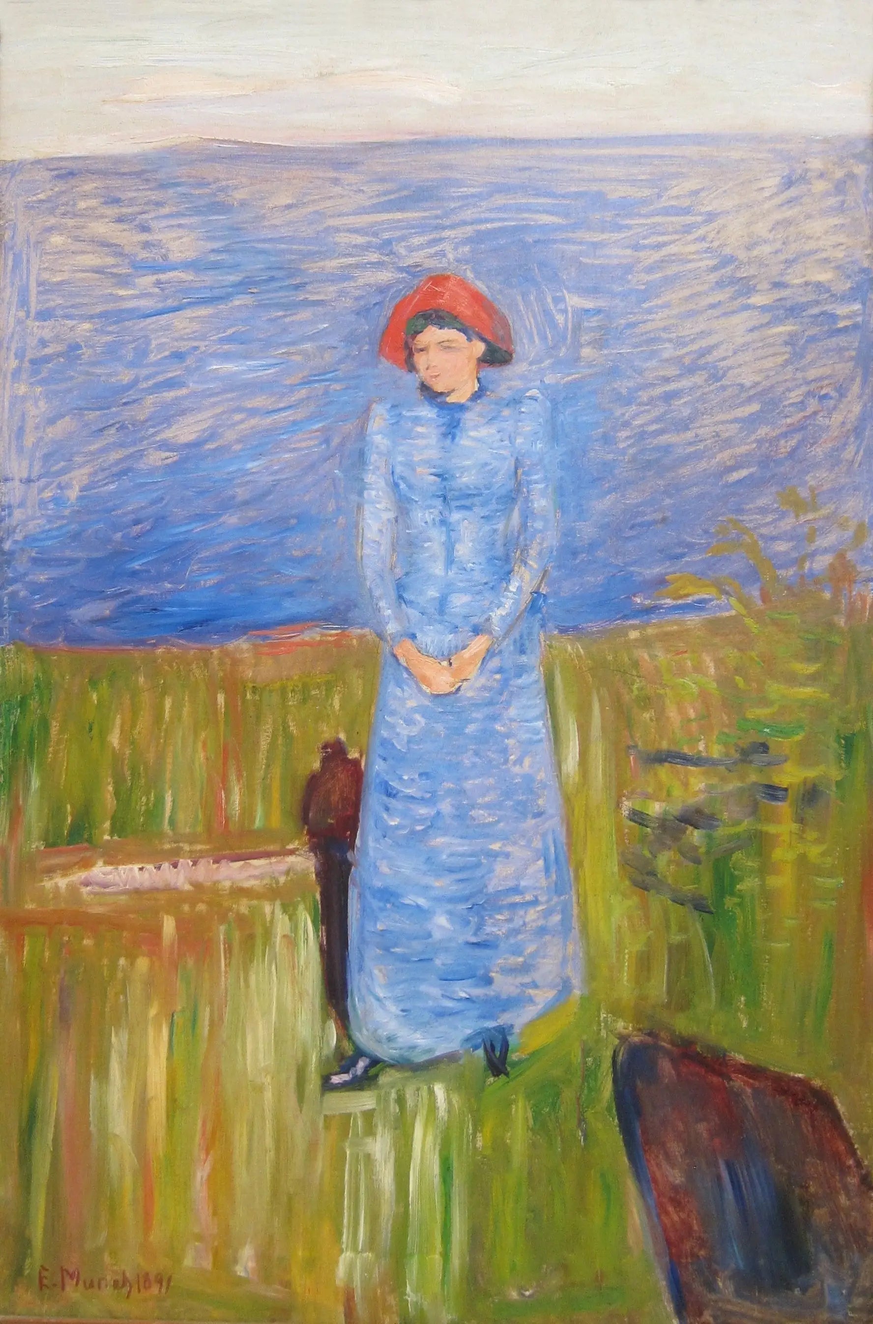 Femme en bleu devant une eau bleue - Edvard Munch image 1 reproduction de peinture à l’huile