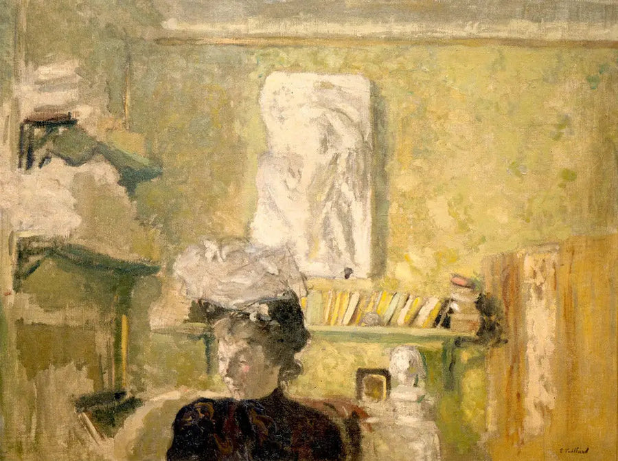 Kvinne i hatt foran et lavrelieff - Édouard Vuillard