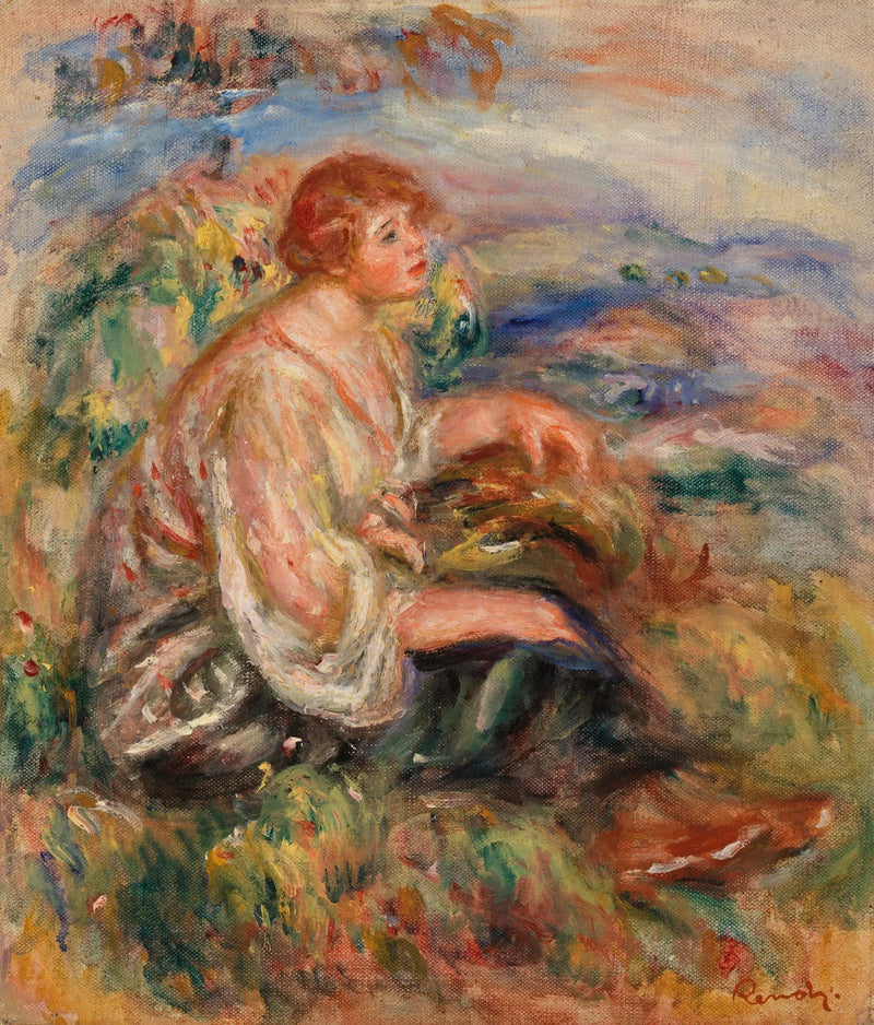 Kvinne i bluse av tyll og svart skjørt i et landskap - Pierre-Auguste Renoir