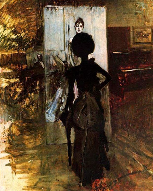 Kvinne i svart som observerer «Pastel blanc» - Giovanni Boldini