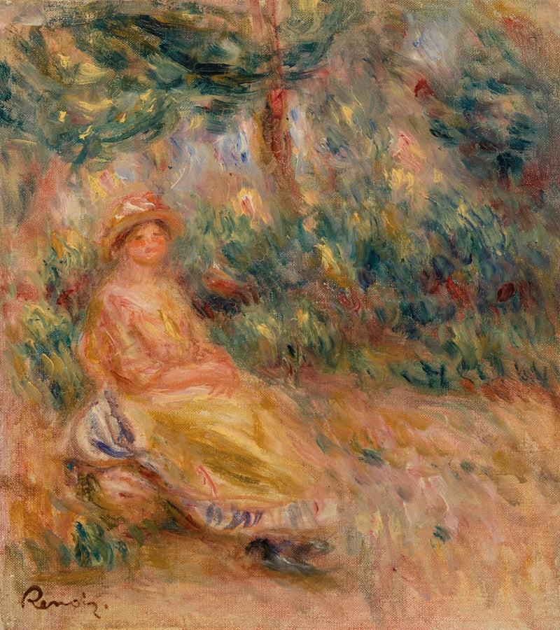 Kvinne i rosa og gult i et landskap - Pierre-Auguste Renoir