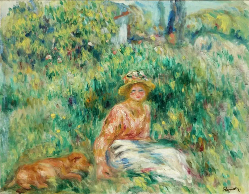 Kvinne og Rip i gresset - Pierre-Auguste Renoir
