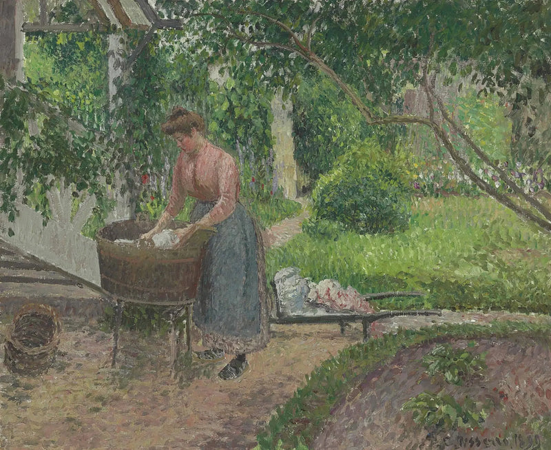 Kvinne som vasker klær i hagen, Éragny - Camille Pissarro
