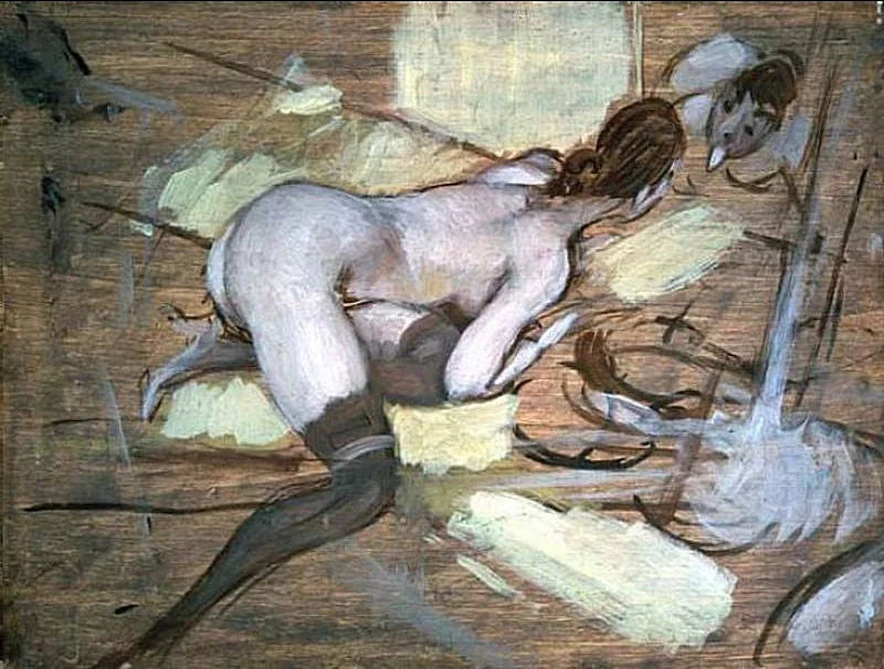 Naken kvinne liggende på gule puter - Giovanni Boldini