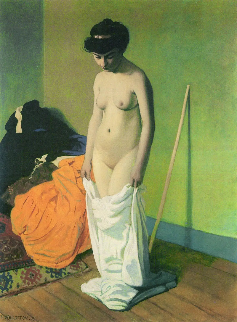 Naken kvinne stående og holder skjorten med begge hender - Félix Vallotton

Source:
Femme nue debout tenant sa chemise à deux mains - Félix Vallotton