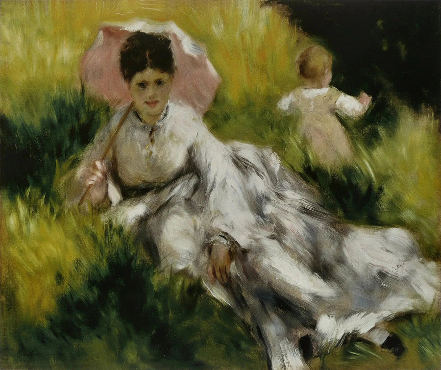 Kvinne med parasoll og et lite barn på en solfylt bakke - Pierre-Auguste Renoir