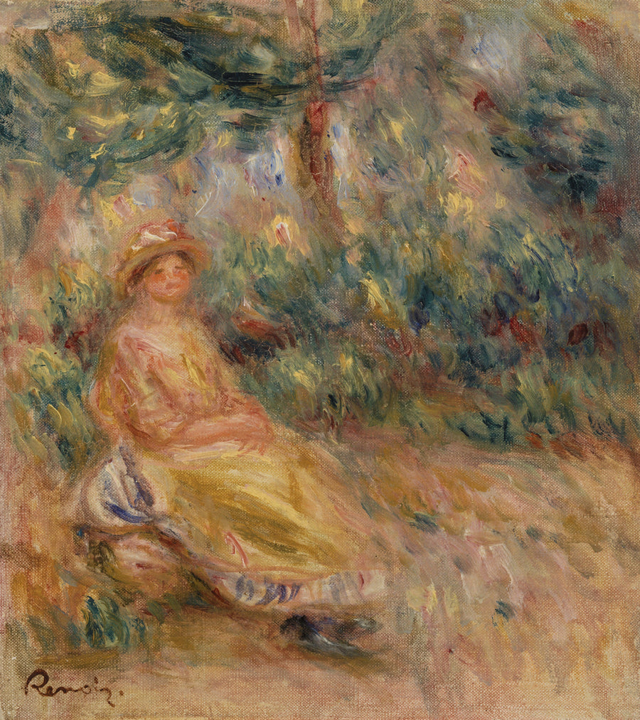 Kvinne i rosa og gult i et landskap - Pierre-Auguste Renoir