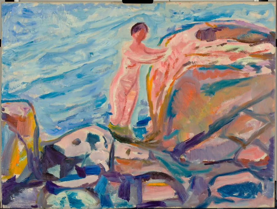 Kvinne som bader nær en rød klippe - Edvard Munch