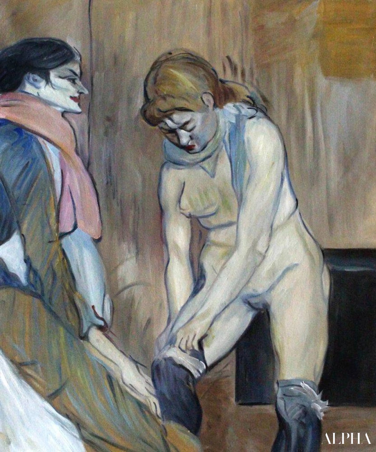 Kvinne som trekker opp strømpebåndene sine - Toulouse Lautrec - Høykvalitets reproduksjoner av malerier og bilder