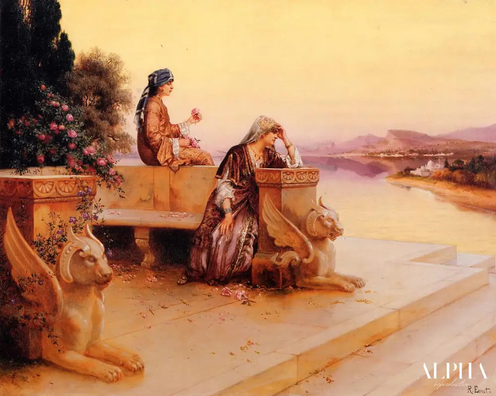 Femmes arabes élégantes sur une terrasse au coucher du soleil - Rudolf Ernst - Reproductions de tableaux et peintures haut de gamme