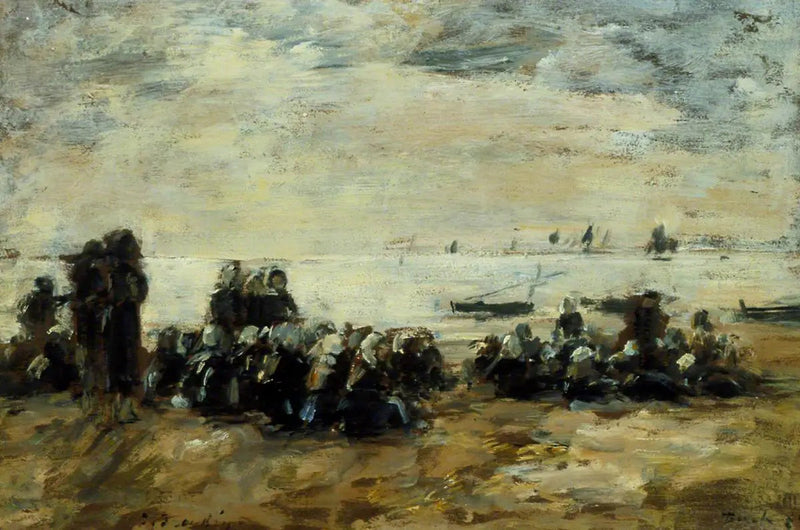 Kvinner som venter på fiskebåtene på stranden i Berck - Eugène Boudin