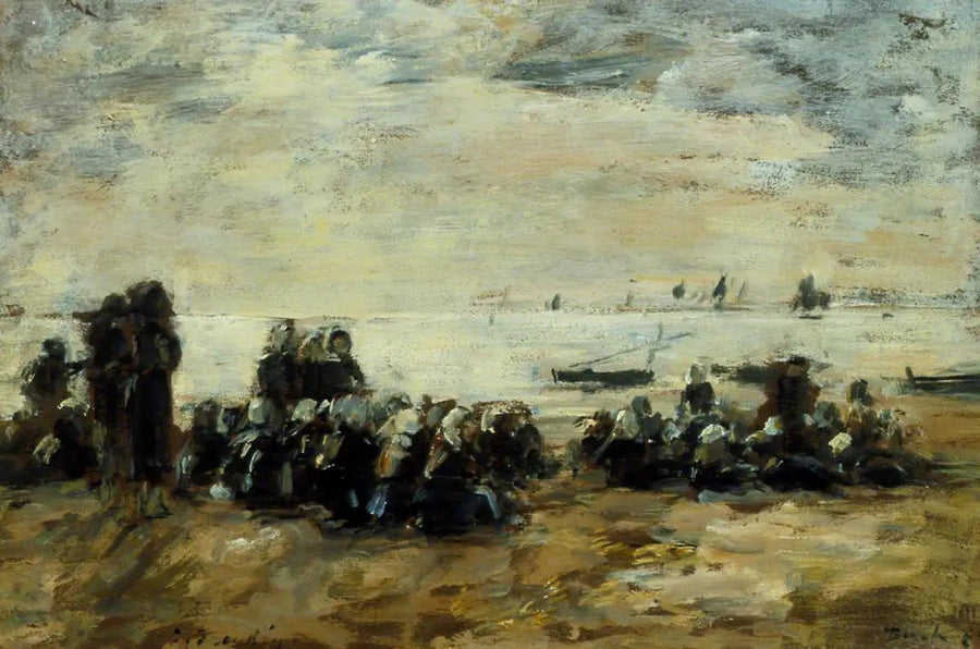 Kvinner som venter på fiskebåtene på stranden i Berck - Eugène Boudin