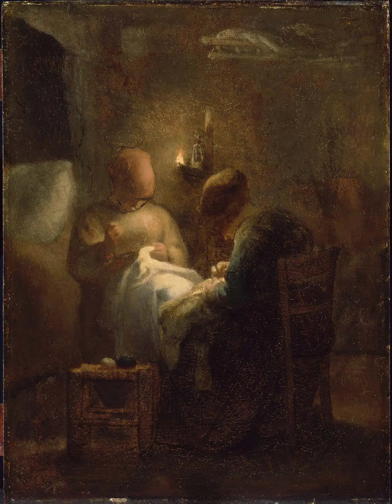 Kvinner som syr ved lyset av en lampe (Våkenatt) - Jean-François Millet