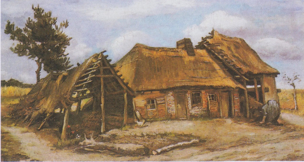 Ferme avec une paysanne voûtée en robe bleue - Vincent van Gogh image 1 copie peinte à la main à l’huile