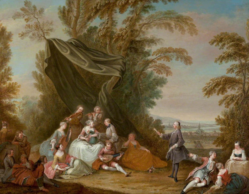 Festlig utendørsfest: Musikalsk fest under et baldakin - Antoine Watteau