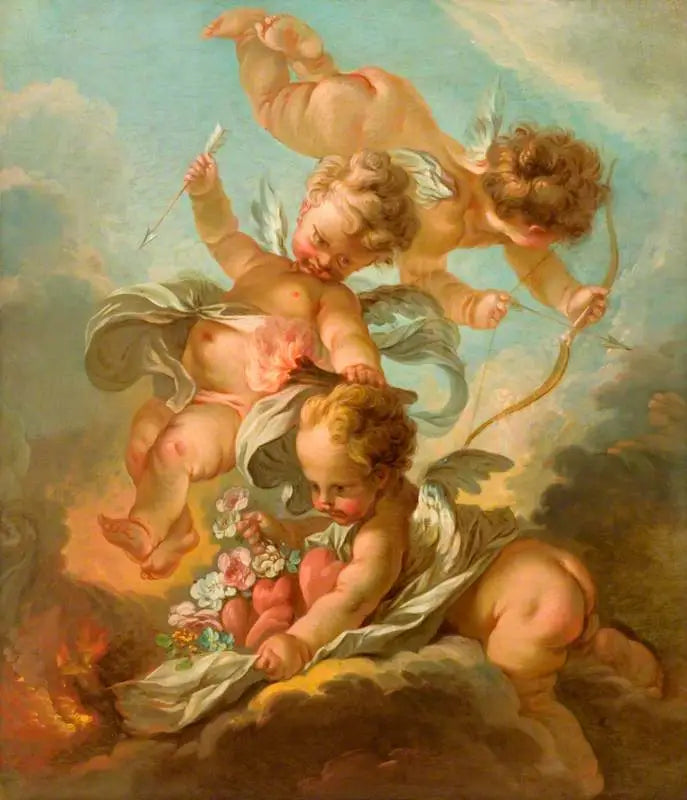 Brann: Tre putti som holder en bue og en pil, en tent lys og en kappe som inneholder hjerter og blomster - François Boucher