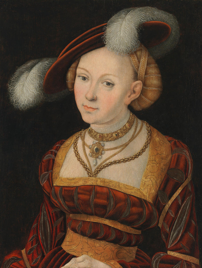 Kvinnefigur i halvlengde med hatt med fjær - Lucas Cranach den eldre