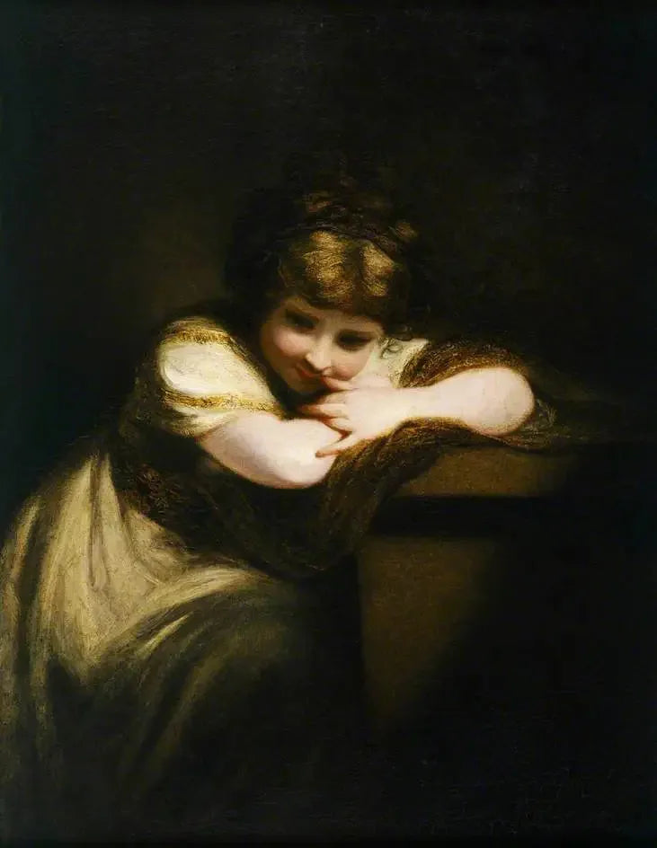 Jente som støtter seg på en sokkel (Jenta som ler) - Joshua Reynolds
