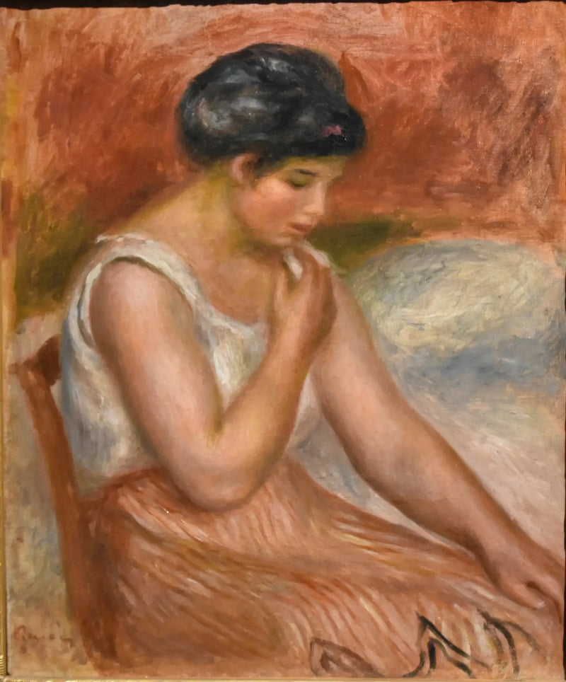 Jente sittende i stripete skjørt - Pierre-Auguste Renoir