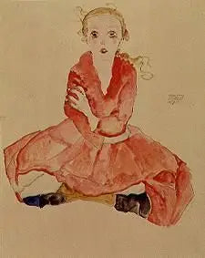 Jente som sitter (Sitzendes Mädchen) - Egon Schiele