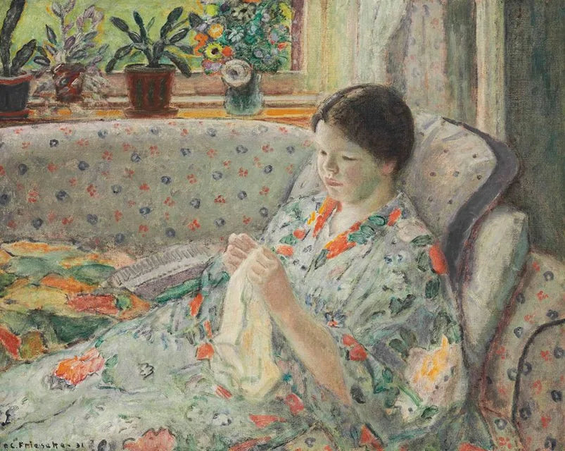 Datter som syr (den kinesiske kjolen) - Frederick Carl Frieseke