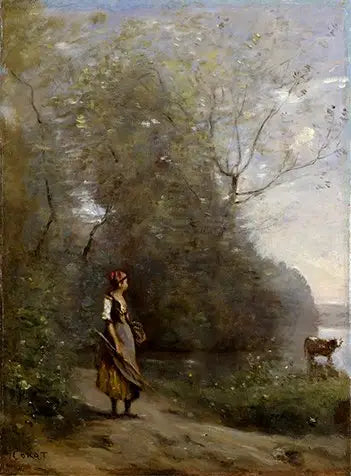 Jente i en skog - Jean-Baptiste Camille Corot