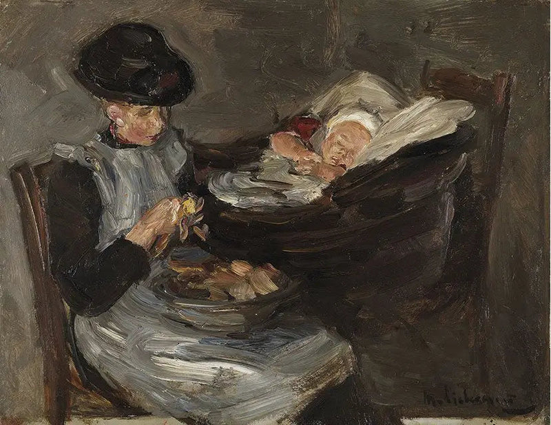 Jente fra Laren som skreller poteter med et sovende barn i en kurv - Max Liebermann