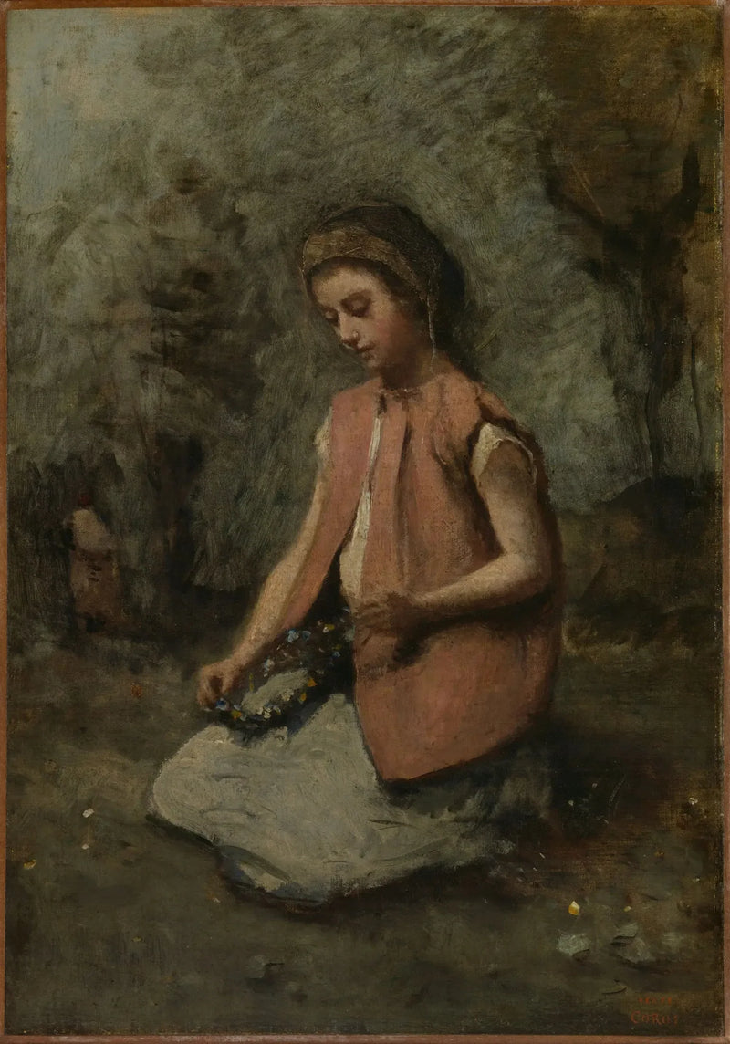 Jente som vever en krans - Jean-Baptiste Camille Corot