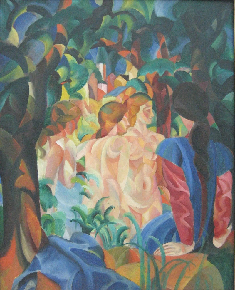 Jenter som bader med byen i bakgrunnen - August Macke