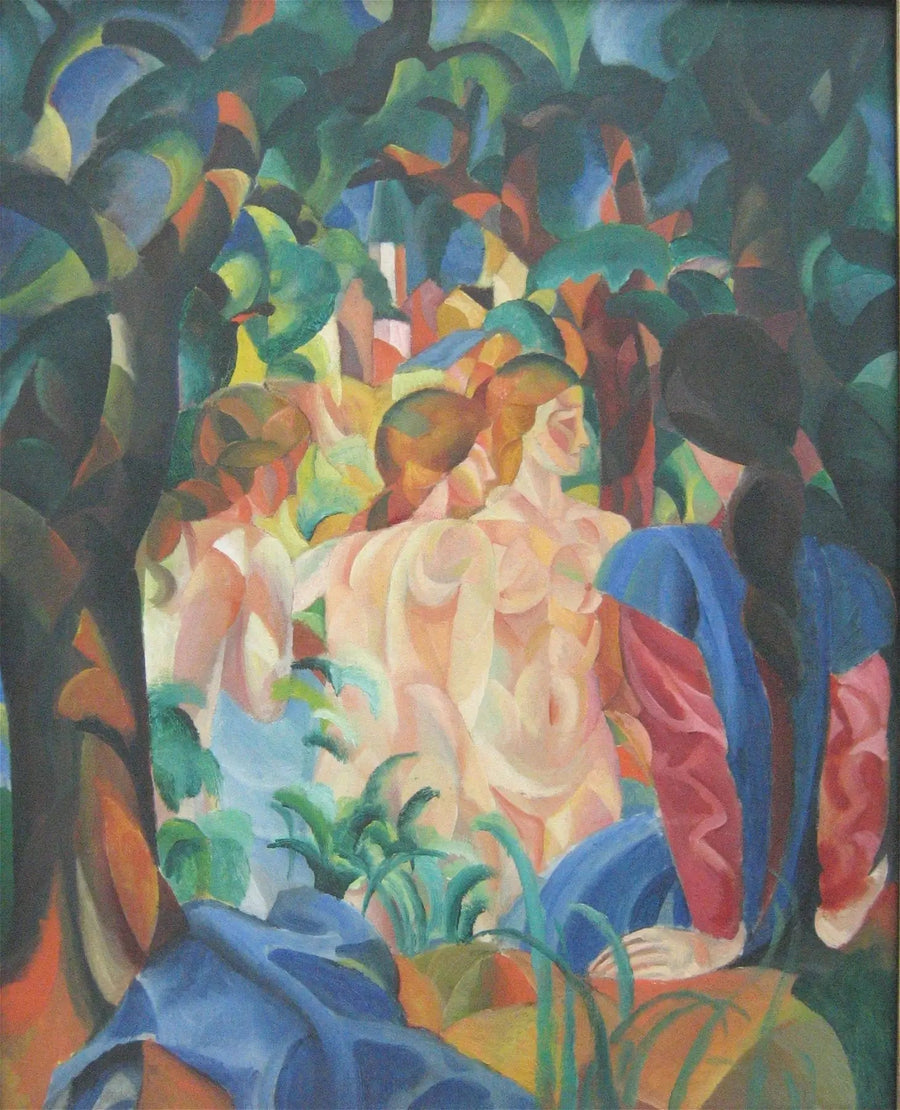 Jenter som bader med byen i bakgrunnen - August Macke